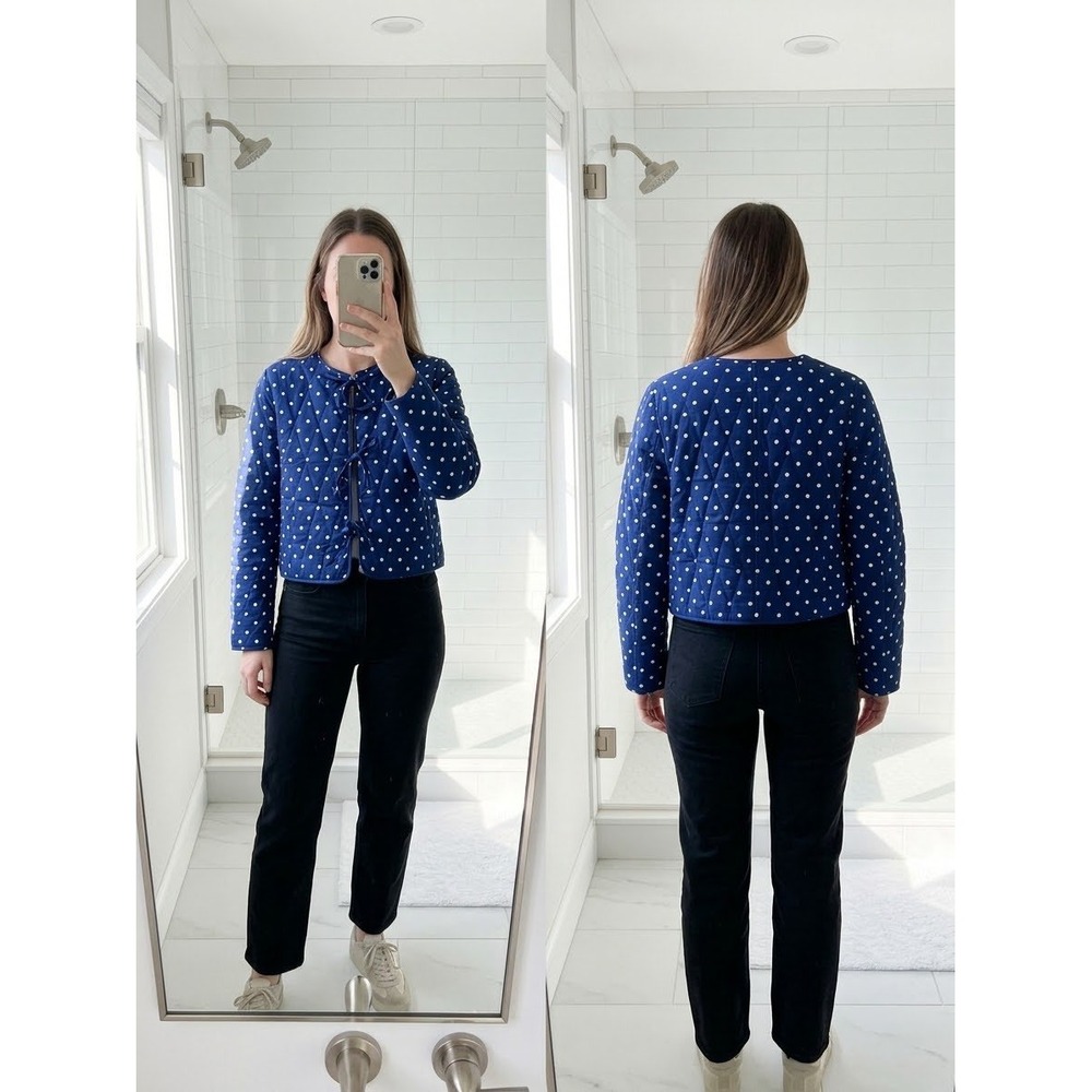 NWOT Avec Les Filles Blue Polka Dot Quilted Cropped Tie Front Jacket XS